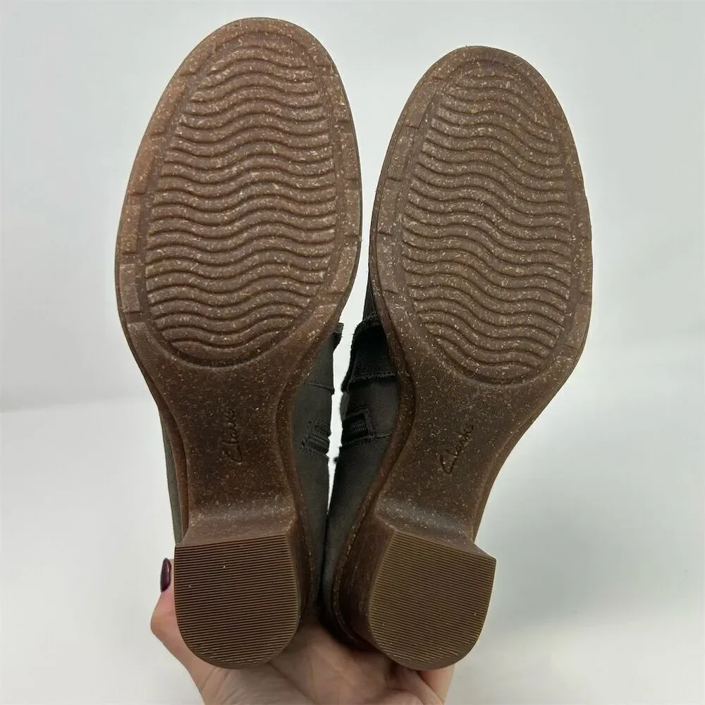 Clarks Gray Taupe Suede Heeled Ankle Boots Size 12 Casual Booties Fall Comfort